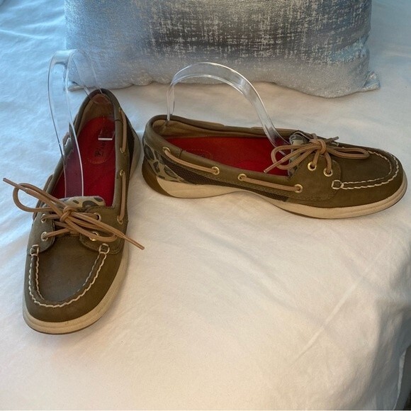Sperry Top Sider Leather Tan Brown Boat Shoe with Animal Print Accent Size 8.5M - Picture 4 of 14